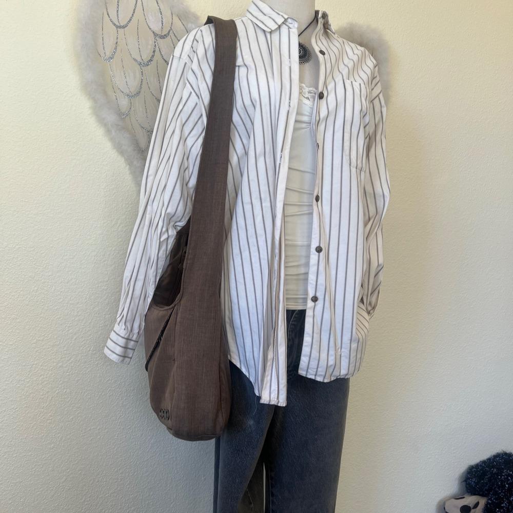 Indie Skater Grunge Stripe Oversized Shirt Button Up Long Sleeve Dad White Brown - Picture 3 of 6